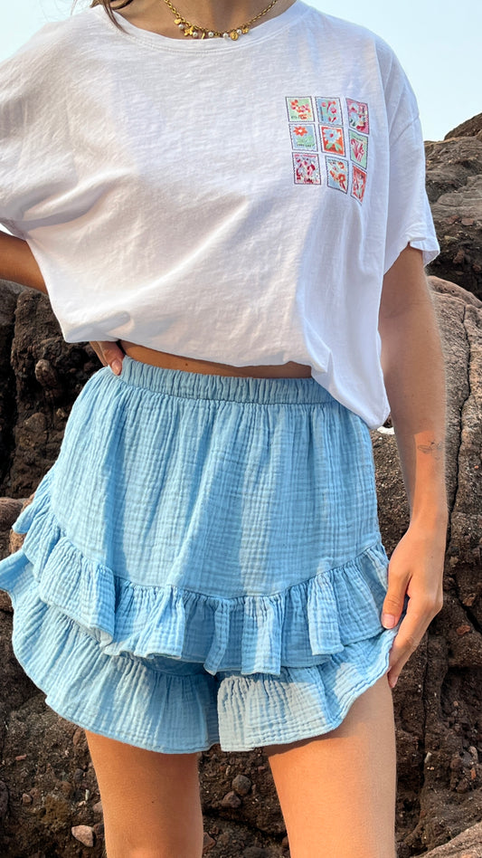 Jupe short gaze de coton - Bleu